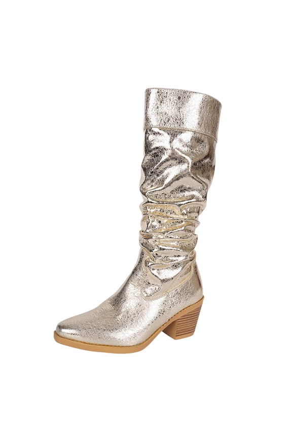 Western Cowboy Boots For Women Mid Heel Mid Calf Boots Fashion Casual Footwear Non Slip Sole Height Increase Pu Material Size 3.5 Us Foot Length 9.06 Inches