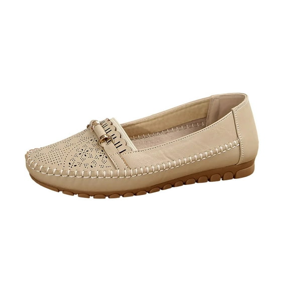 Wdhugt Women Casual Round Toe Low Heel Flats Comfort Slip On Walking Shoes Dress Pumps Khaki Pu Upper Outdoor Indoor Size Us 6.5
