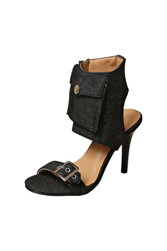 Women Casual Summer Fish Mouth Booties Denim Pocket Backless Jazz Dance High Heel Sandals Breathable Denim Fabric Us5.5 9.06In Daily Wear