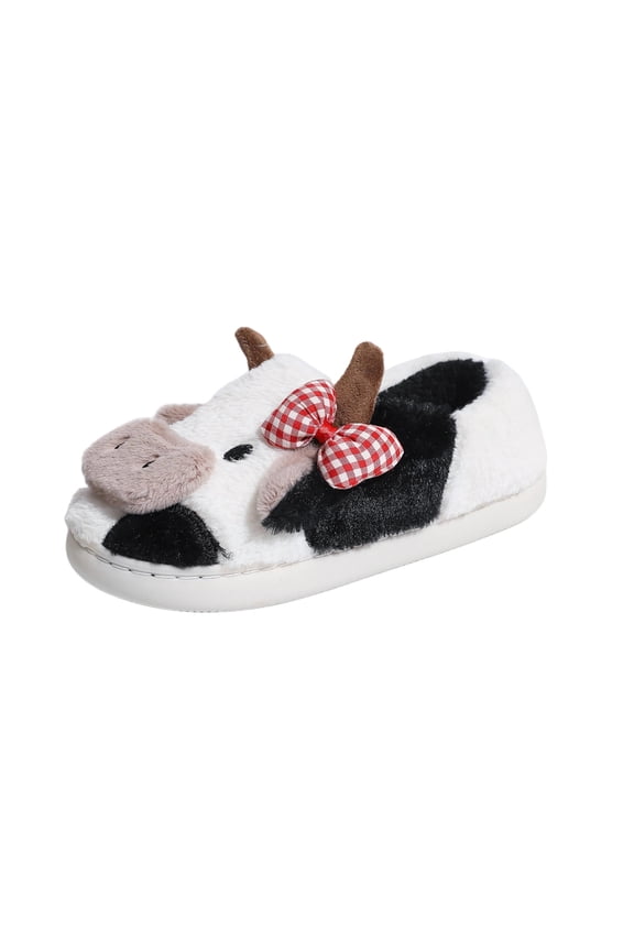 Women Cute Cow Pattern Red Plaid Indoor Slippers Thick Sole Fleece Lined Closed Toe Home Sandals Fall Winter Nylon Spandex Material 10 Us