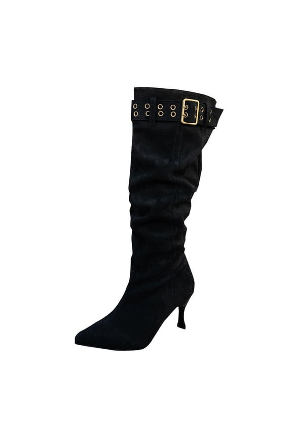 Women Knee High Pointed Toe High Heel Pleated Boots Winter Casual Solid Color Flock Size Us9 Foot Length 10.24 Inches