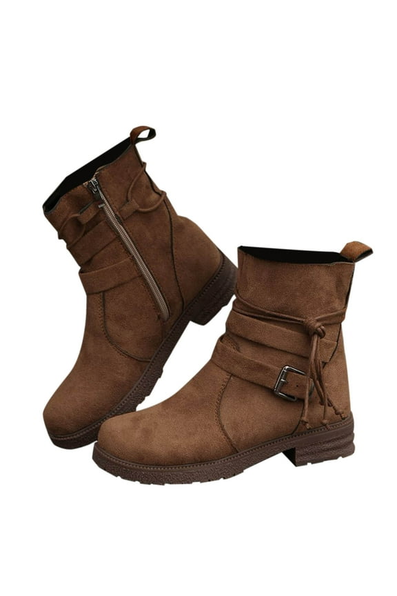 Women Round Toe Side Zipper Buckle Ankle Boots Mid Leg High Heels Casual Comfortable Suede Brown Us Size 9 Foot Length 10.24 Inches