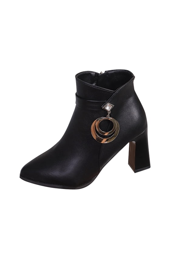 Women'S Ankle Boots Thick Heel Metal Ring Decorated Pointed Toe Large Size Fall Winter Comfortable Height Enhancing Platform Pu Material Us Size 5.5