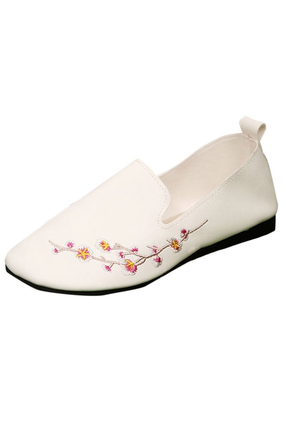 Women’S Casual Flat Shoes Embroidered Flower Round Toe Moccasins Size 8.5 Us Foot Length 10.04 Inches White
