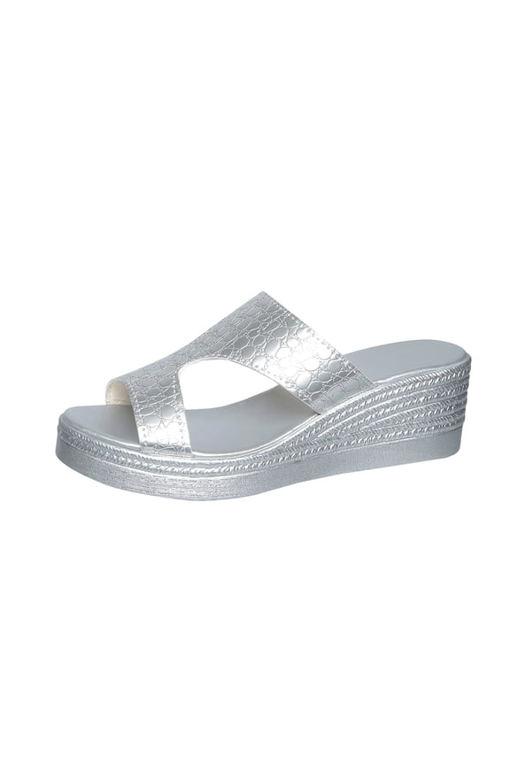 Women'S Casual Wedge Sandals Round Toe Platform Design Comfortable Wear Versatile Plus Size 2.16In Heel Pu Material In Silver Tone Us Size 6