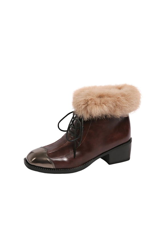 Women'S Casual Winter Fleece Lined Plus Size Short Boots With Square Toe And Front Laces Low Heel Pu Material Us Size 6 Foot Length 9.25 Inches