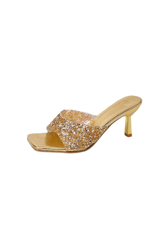 Women'S Dress Heels Square Toe Sequins Pu Upper Stiletto Comfortable Pumps Eu38 Us7 Foot 9.65In