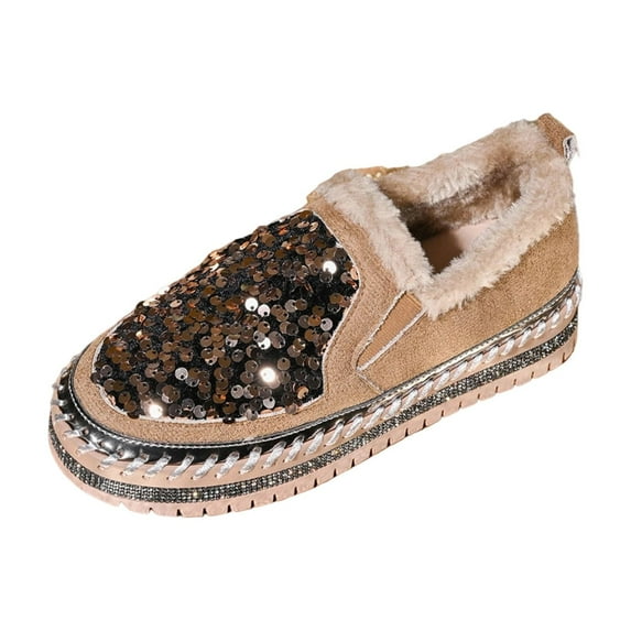Wdhugt Women'S Flat Shoes With Sequins Fleece-Lined Warm Slip-On Comfort Flats Low Heel 1.37In Made Of Flock Material In Coffee Size 4.5 Us
