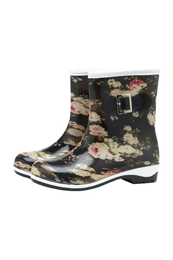 Women'S Floral Rain Boots Mid Calf Bow Accent Waterproof Overshoes Outdoor Water Shoes Flat Heel Round Toe Casual Footwear Size Us 5.5