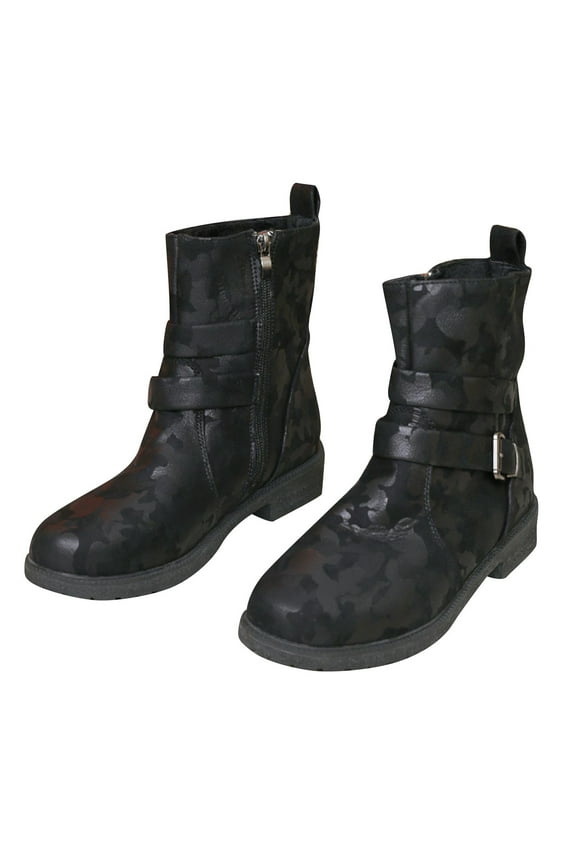 Women'S Low Heel Mid Calf Boots Side Zipper Camouflage Print Pu Upper Rubber Sole Casual Winter Footwear Us Size 8