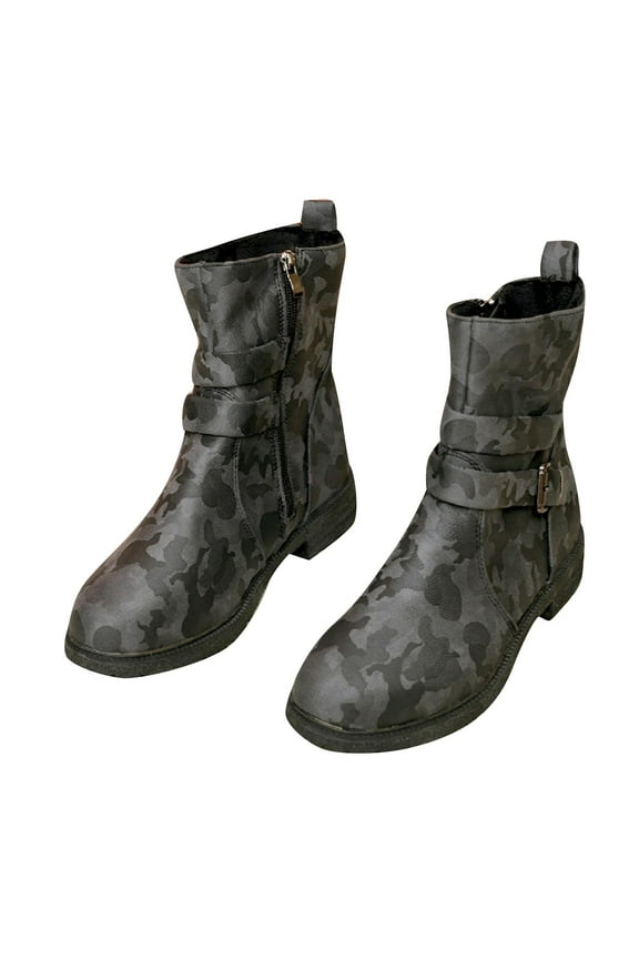 Women'S Low Heel Mid Calf Boots Side Zipper Camouflage Print Pu Upper Rubber Sole Casual Winter Shoes Us Size 8