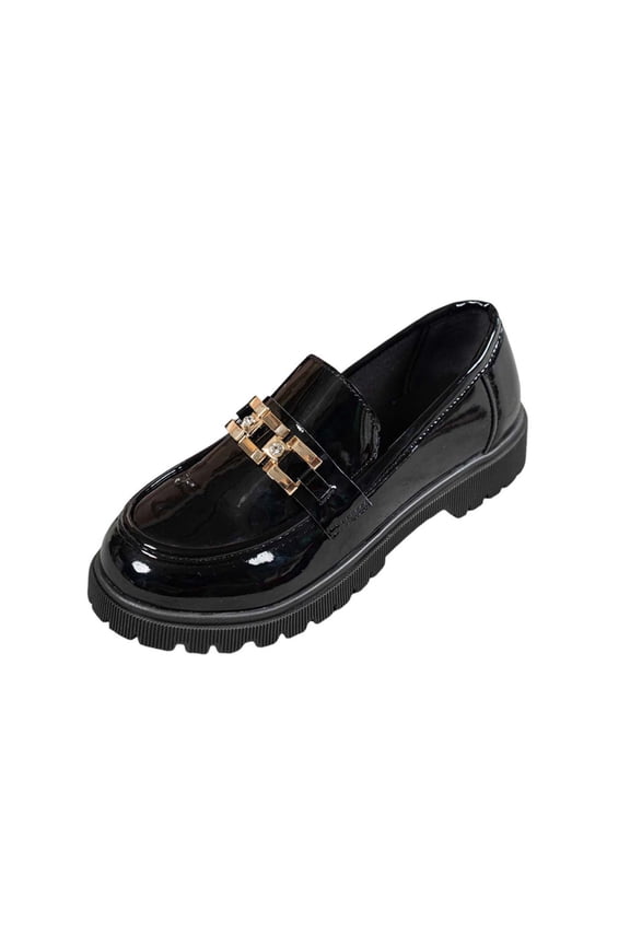 Women'S Metal Buckle Loafers Round Toe Low Heel Pu Slip-On Shoes Black Size 36 Eu 23Cm/9.06In