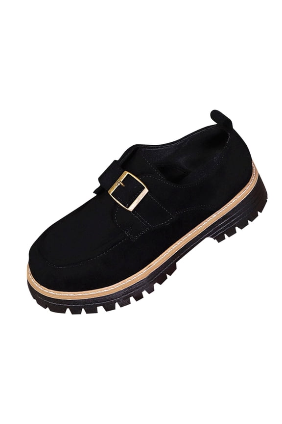 Women'S Metal Buckle Round Toe Loafers Fall Winter Fashion Comfortable Thick Sole Suede Flats Size Eu 39 Us 7 Foot Length 9.65 Inches Suede Material Black