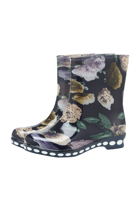 Women'S Mid Calf Floral Pattern Rain Boots Low Heel Waterproof Overshoes Outdoor Water Shoes Round Toe Casual Footwear Size Us 5.5
