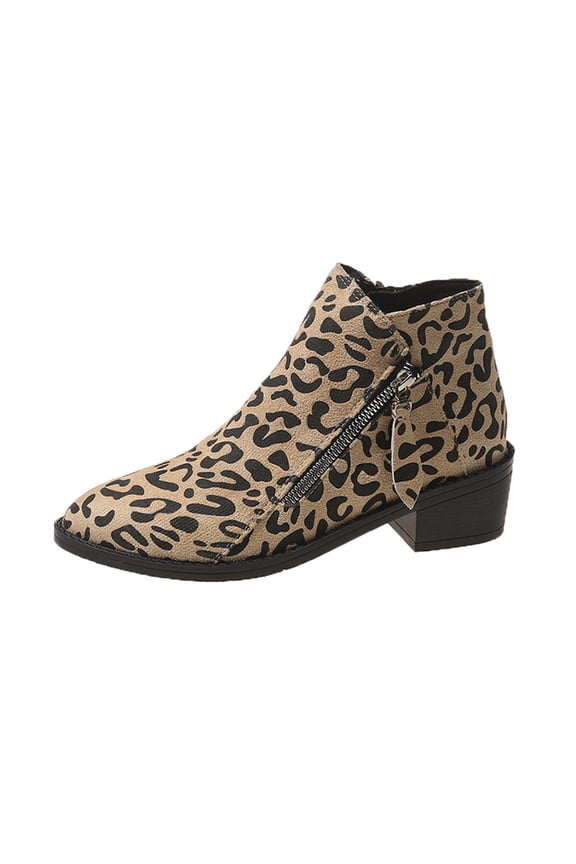 Women'S Middle Heel Boots With Leopard Print Made From Flock Fabric Round Toe Design Size Us 6.5 Foot Length 9.45 Inches Heel 1.85 Inches Ideal For Leisure Activities