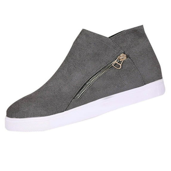 Wdhugt Women'S Round Toe Side Zipper Flat Ankle Boots Flock Material Winter Casual Shoes Us Size 7.5 Gray