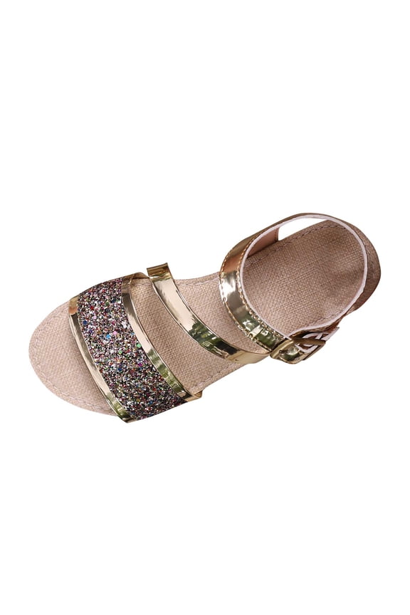 Women'S Sequins Flat Sandals Ankle Strap Design Thick Sole Rubber Comfort Beach Shoes For Summer Gold Us Size 6