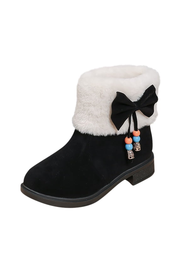 Women'S Short Boots Thick Soled Bow Round Toe Mid Tube Artificial Face Low Heel Casual Fashion Black Eu Size 37 Us Size 4 Foot Length 9.25 Inches