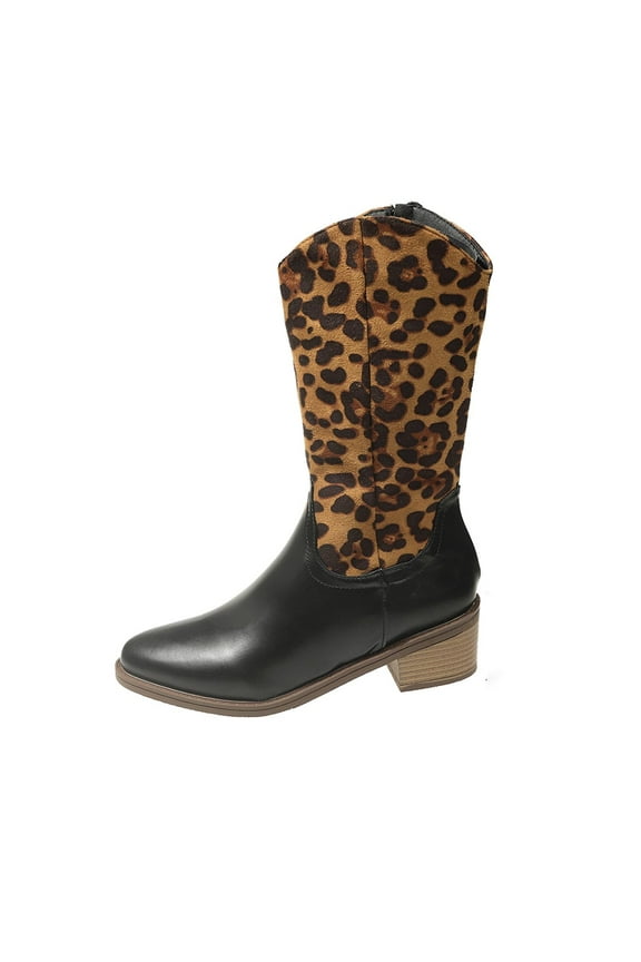 Women'S Side Zipper Boots With Round Toe Mid-Calf Suede Splicing Leopard Print Heel Non-Slip Casual Wear Size 5.5 Us