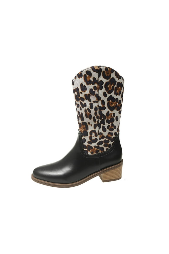 Women'S Side Zipper Boots With Round Toe Mid-Calf Suede Splicing Leopard Print Heel Non-Slip Casual Wear Size 9 Us