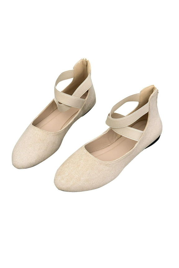 Women'S Suede Ballet Flat Elastic Lace Casual Shoe Round Toe Shallow Size 5.5 Us 9.06 Inches Foot Length Flock Fabric