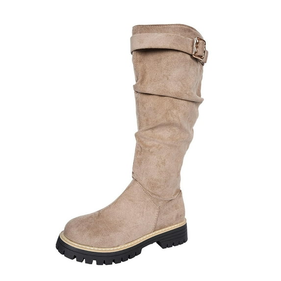 Wdhugt Women'S Winter Buckle Detail Mid Calf Boots Flocked Upper Eu 43 Us 9.5 Foot Length 10.43 Inches Khaki