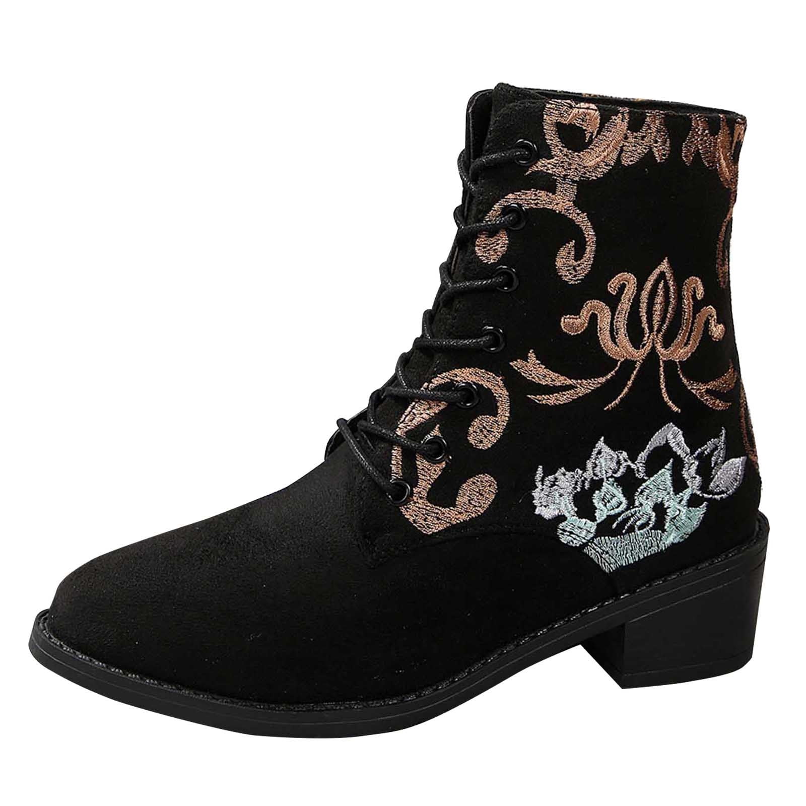 Wdhugt Womens Ankle Boots Faux Suede Embroidered Lace Up Ankle Boots ...
