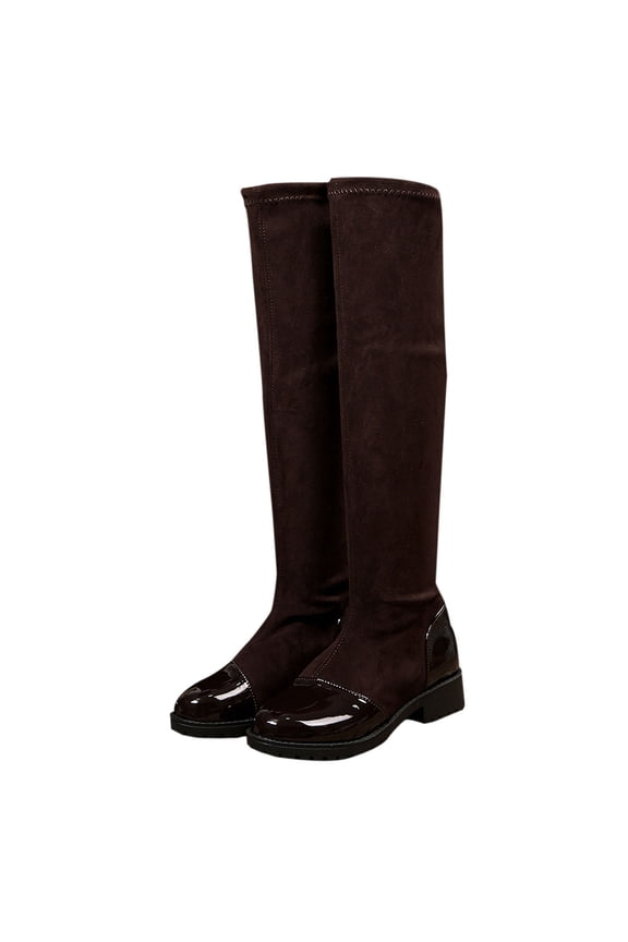 Womens Brown Patchwork Boots Over The Knee Suede Elastic Back Strap Faux Leather 39 Eu 7 Us 9.65 Inch