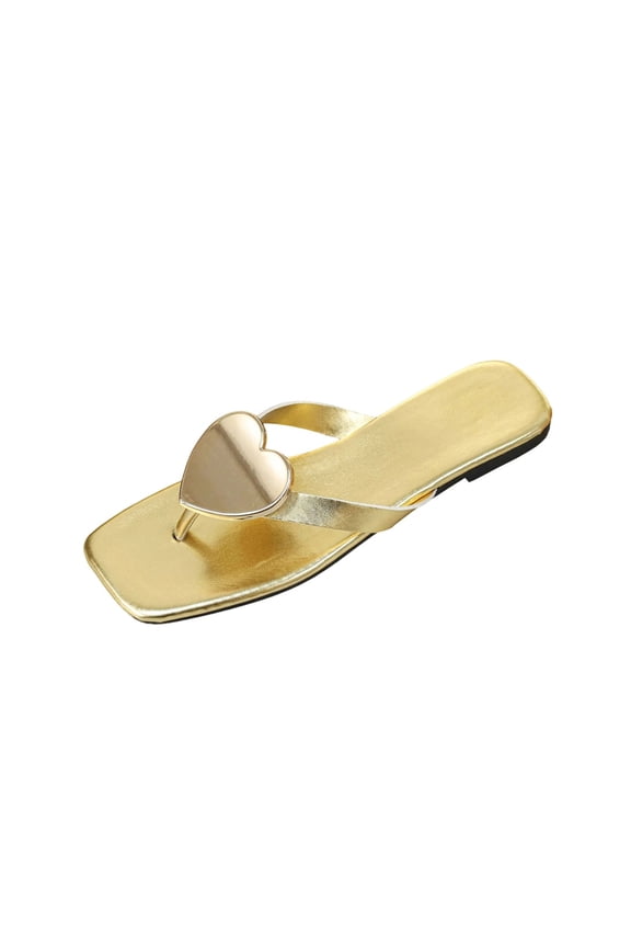 Womens Flat Sandals Thong Toe Square Toe Casual Slide Sandals Gold Pu Size Us 7.5 Foot Length 9.84 Inch