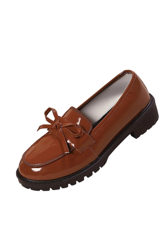Womens Loafers With Bow Round Toe British Style Shiny Leather Flats Casual Shoes Brown Size 36 Eu 5.5 Us 23Cm/9.06In