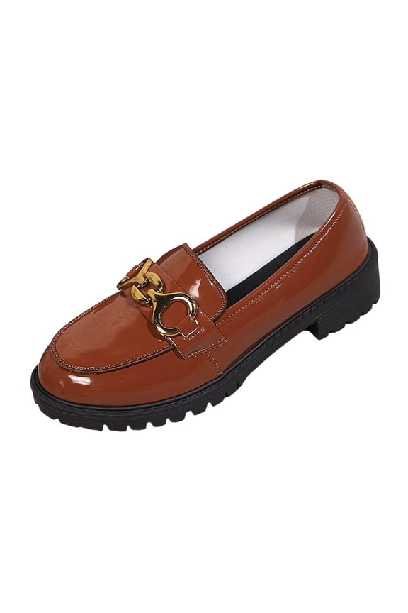 Womens Loafers With Metal Pendant Round Toe British Style Shiny Leather Flats Shoes Brown Size 36 Eu 5.5 Us 23Cm/9.06In