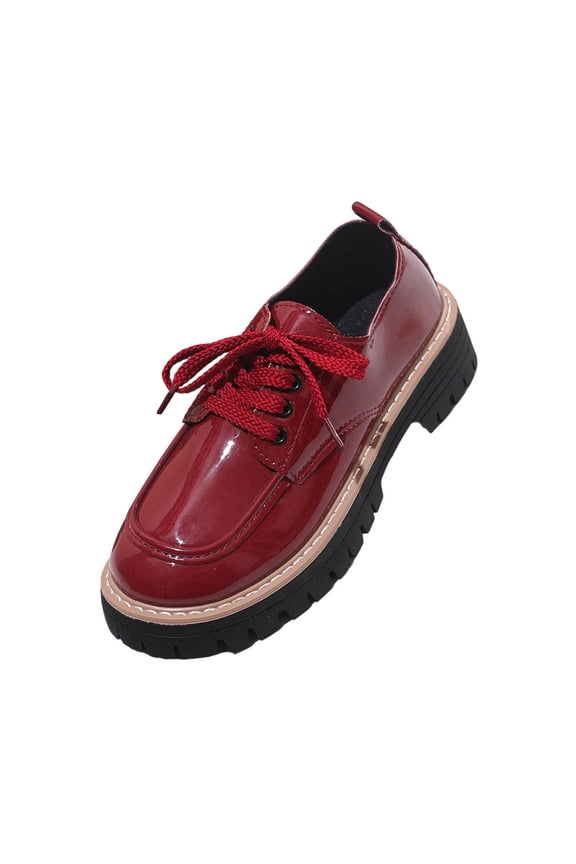 Womens Round Toe Loafers Lace Up British Style Shiny Leather Casual Flats Shoes Red Size 37 Eu 6 Us 23.5Cm/9.25In