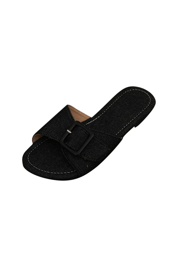 Womens Slippers Flat Round Toe Slides Buckle Decoration Sandals Canvas Upper Summer Casual Comfortable Black Size 6.5