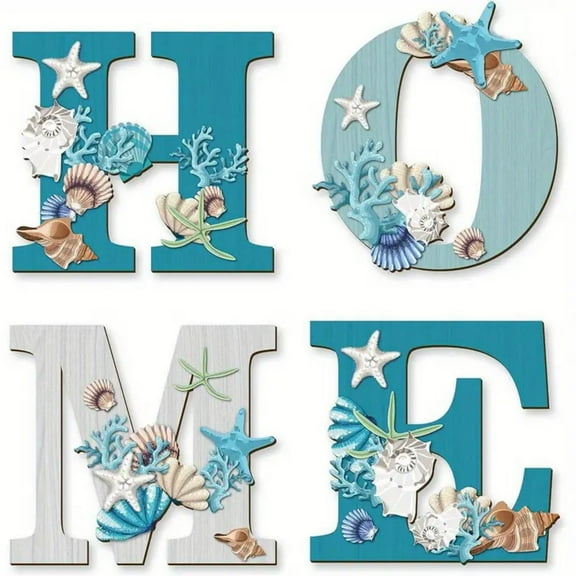 Wdhugt Wooden Home Sign Set 4 Letters With Coastal Beach Theme Starfish Shell Decoration For Wall Hanging Living Room Kitchen Bedroom Home Decor