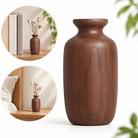 Wdhugt Mini Wooden Vase, 3.54 in Brown Tabletop Decor for Dried Stems, Shelf Desk Nightstand Accent, 1 Pc
