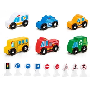 Wdhugt Wooden Vehicles And Traffic Signs Toy Set With 6 Cars And 9 Signs Educational Road Play Mat For Toddlers Kids