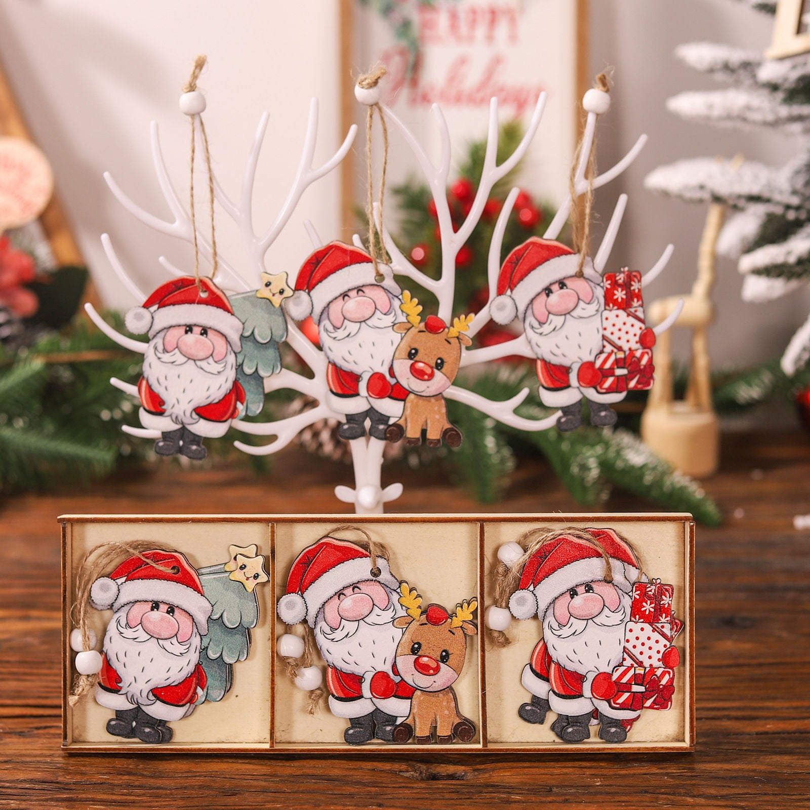 Wdminyy Ornaments Clearance Sale！ Christmas Decorations Cartoon Colored Wooden Three Grid 9Pcs