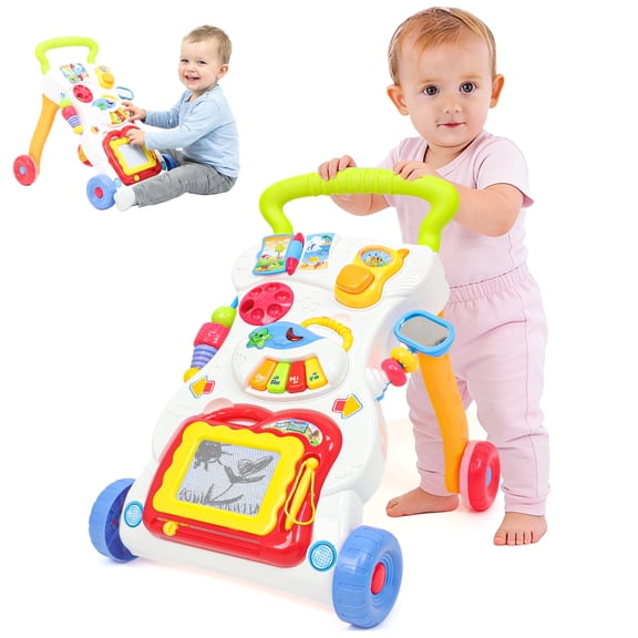 Wdmiya 3 in 1 Sit to Stand Baby Walker with Music, Light and Drawing Board, Push Toys for Toddlers 12+ Months for Learning to Walk, Baby Walking Toys for Infants Babies Toddlers Boys Girls, Yellow