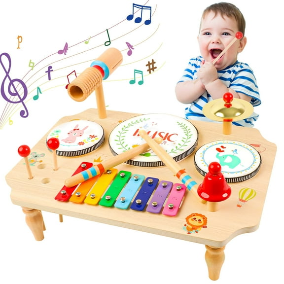 Wdmiya 3 Drum Kit for Kids, Drum Musical Instruments for Children Ages 1 2 3 Years and Up with Xylophone, Children's Toy Wooden Toy for Easter Boy Girl