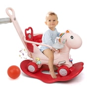 Wdmiya 4 in 1 Rocking Horse Ages 1-3, Baby Rocking Toy Birthday Gift for Toddlers 1-3 Years Old, Balance Bike Ride On Toys with Push Handle, Backrest and Balance Board for Baby Girl and Boy, Pink