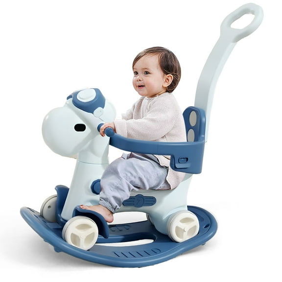 Wdmiya 4 in 1 Rocking Horse for Toddlers 1-3 Years Old, Baby Rocking Toy Fun Birthday Gift for 1+ Boys Girls, Ride on Toy with Detachable Balance Board,Balance Bike with Push Handle, Blue
