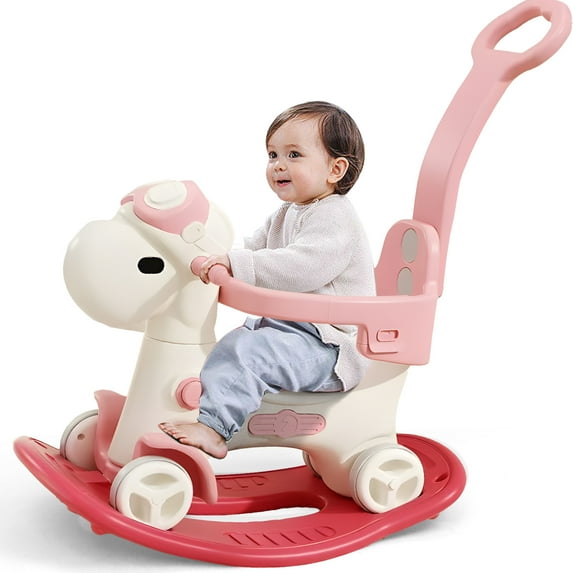 Wdmiya 4 in 1 Rocking Horse for Toddlers 1-3 Years Old, Baby Rocking Toy Fun Birthday Gift for 1+ Boys Girls, Ride on Toy with Detachable Balance Board,Balance Bike with Push Handle, Pink