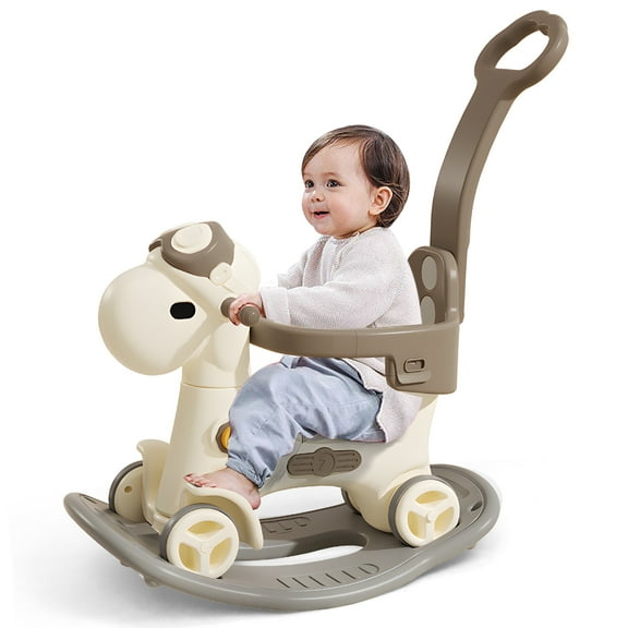 Wdmiya 4 in 1 Rocking Horse for Toddlers 1-3 Years Old, Baby Rocking Toy Fun Birthday Gift for 1+ Boys Girls, Ride on Toy with Detachable Balance Board，Balance Bike with Push Handle, Khaki