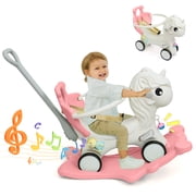 Wdmiya 4 in 1 Rocking Horse for Toddlers 1-3 Years Old, Baby Unicorn Rocking Toy Birthday Gift for Boy and Girl, Ride on Toy with Detachable Balance Board Balance Bike with Push Handle, Pink