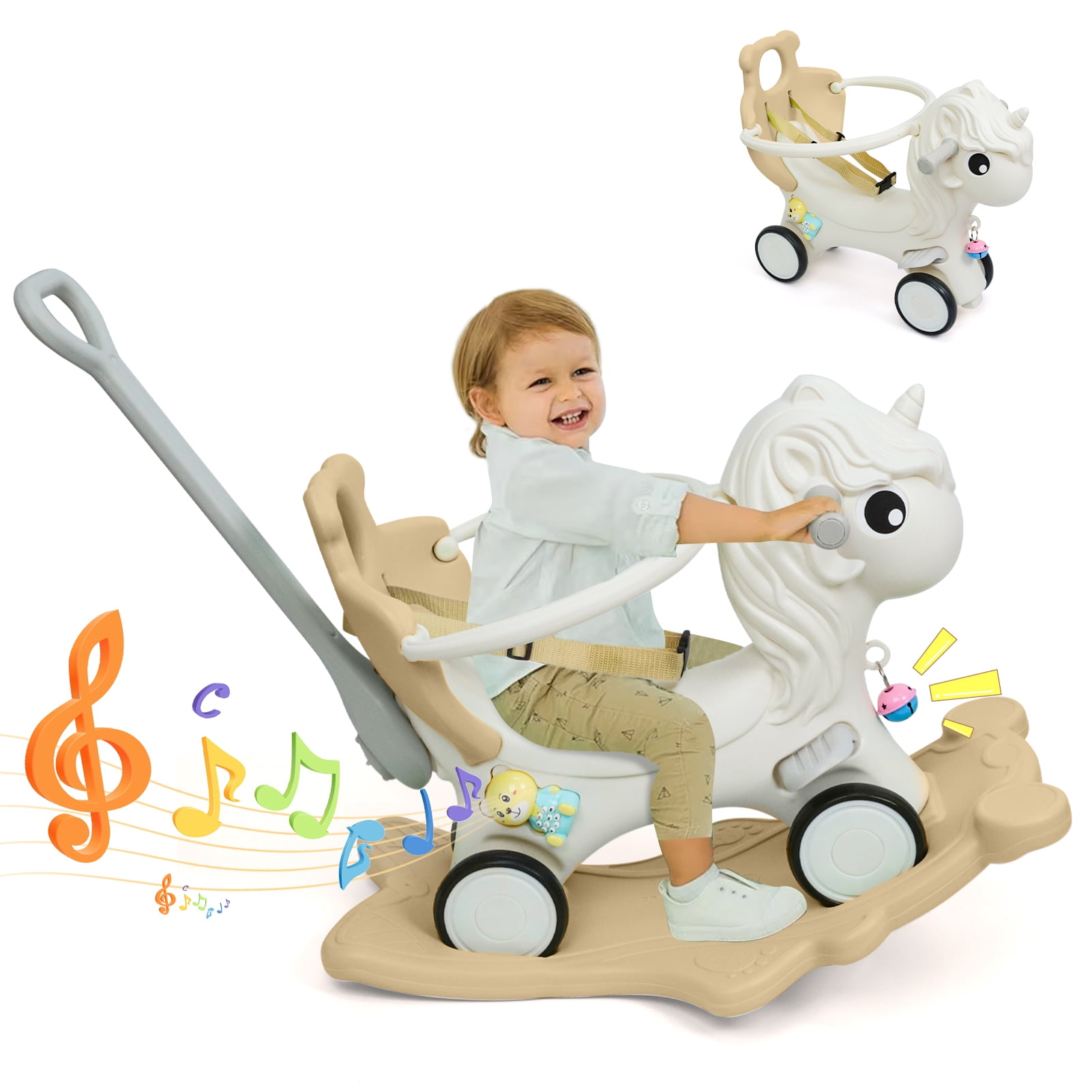 Wdmiya 4 in 1 Rocking Horse for Toddlers 1-3 Years Old, Baby Unicorn Rocking Toy Birthday Gift for Boy and Girl, Ride on Toy with Detachable Balance Board，Balance Bike with Push Handle, Khaki