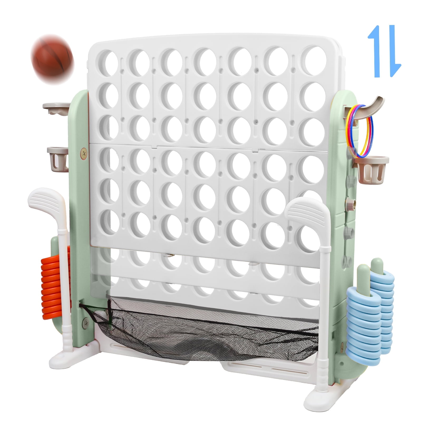 Wdmiya Jumbo 4-to-Score Giant Game Set, 4-in-a-Row Connect Game for Adults Kids Family Fun, Indoor Outdoor Adjustable Height Yard Family Game with w/ Golf Set, Basketball Hoop, Green White