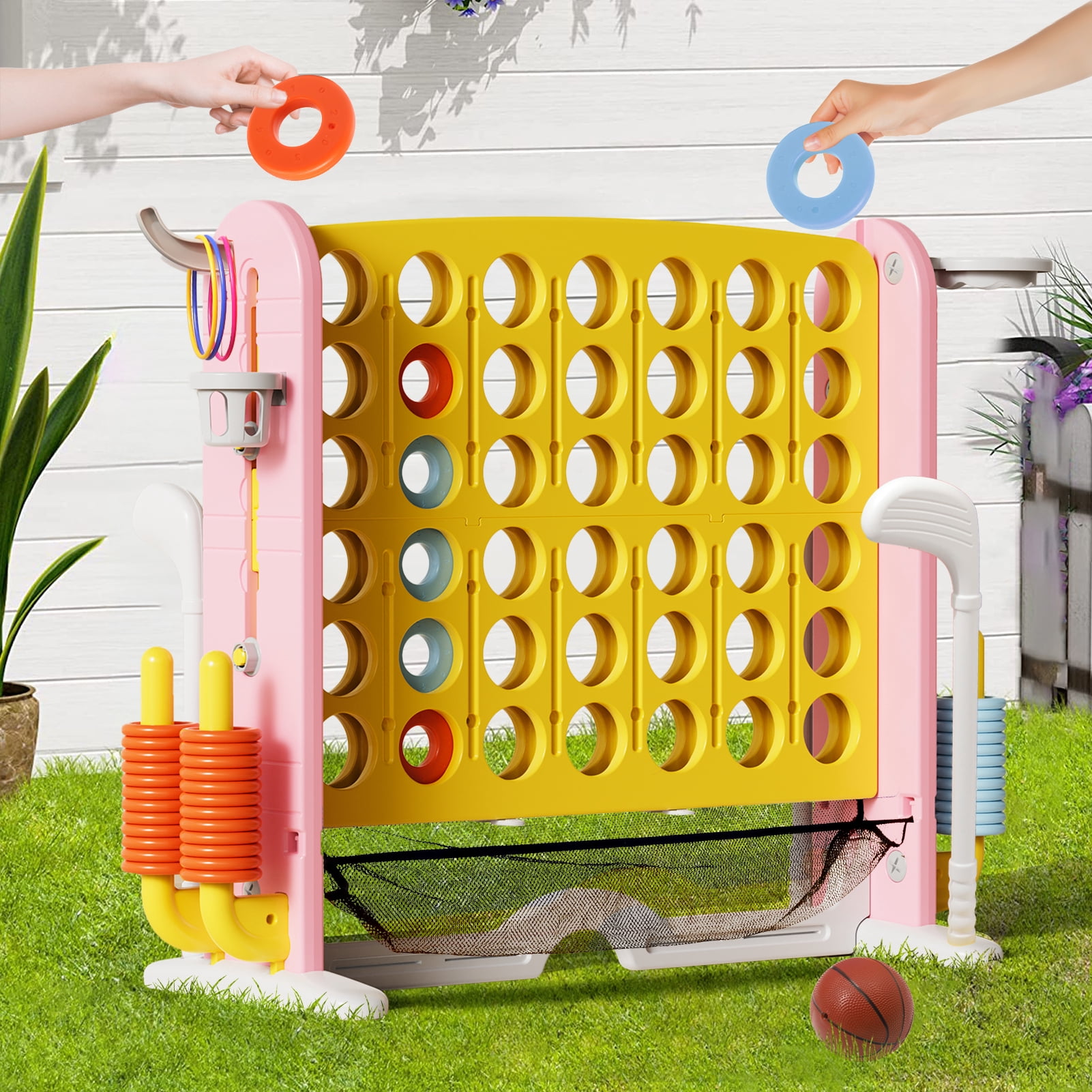 Wdmiya Jumbo 4-to-Score Giant Game Set, 4-in-a-Row Connect Game for Adults Kids Family Fun, Indoor Outdoor Adjustable Height Yard Family Game with w/ Golf Set, Basketball Hoop, Yellow Pink