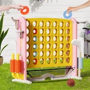 Wdmiya Jumbo 4-to-Score Giant Game Set, 4-in-a-Row Connect Game for Adults Kids Family Fun, Indoor Outdoor Adjustable Height Yard Family Game with w/ Golf Set, Basketball Hoop, Yellow Pink