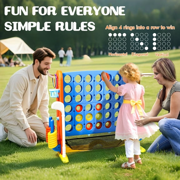 Wdmiya Jumbo 4-to-Score Giant Game Set, 4-in-a-Row Connect Game for Adults Kids Family Fun, Indoor Outdoor Adjustable Height Yard Family Game with w/ Golf Set, Basketball Hoop, Blue Red