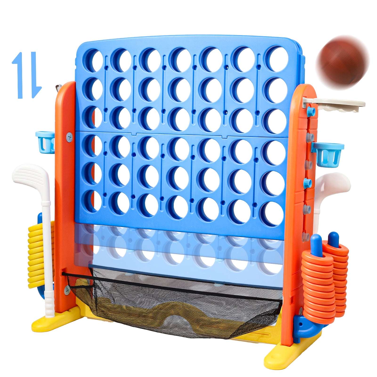 Wdmiya Jumbo 4-to-Score Giant Game Set, 4-in-a-Row Connect Game for Adults Kids Family Fun, Indoor Outdoor Adjustable Height Yard Family Game with w/ Golf Set, Basketball Hoop, Blue Red